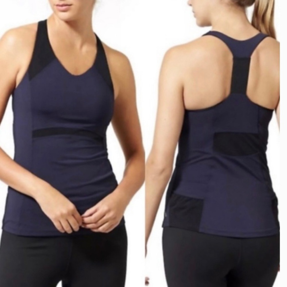 Athleta Ace Racerback Tank Navy Black Back Pockets